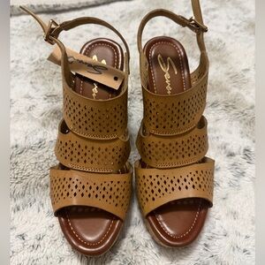 Seven7 Perforated Tan Wedge Sandals with Ankle Strap